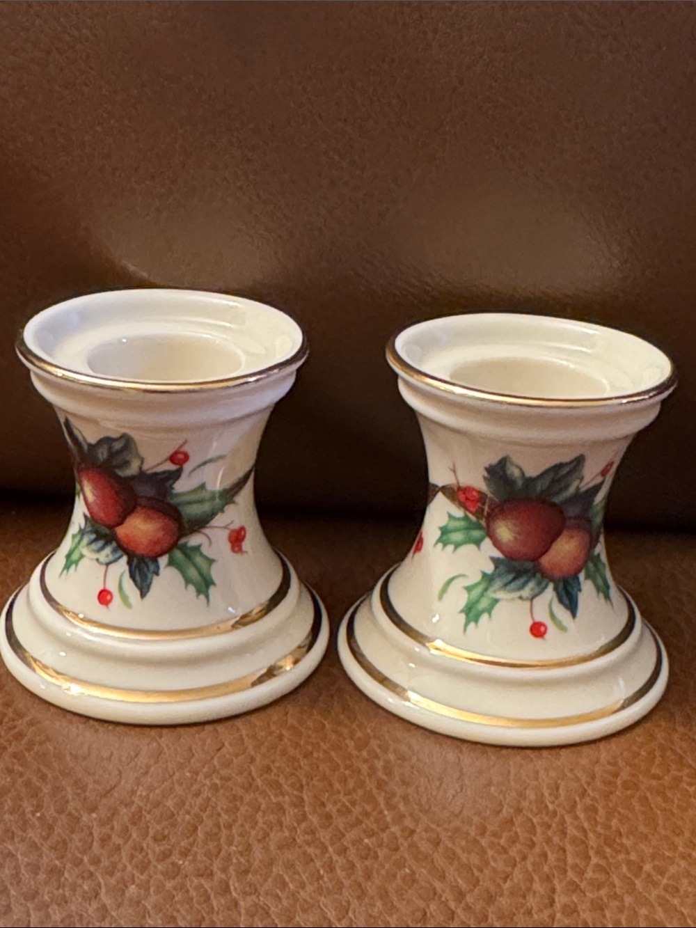 VTG pair 2-1/4” Lenox  “Holiday Tartan” candle holders w/holly & berry motif